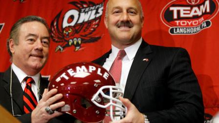 Steve Addazio, right, poses for photographs with athletic director Bill Bradshaw during an NCAA college football news conference at Temple University in Philadelphia, Thursday, Dec. 23, 2010. Temple hired Florida offensive coordinator Addazio to replace Al Golden as its football coach. (AP Photo/Matt Rourke)