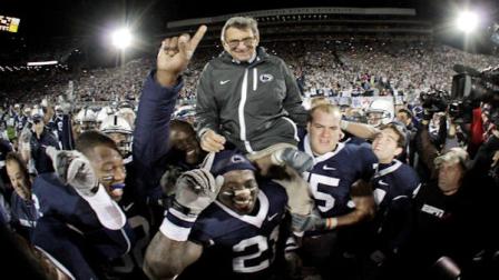Penn State coach Joe Paterno is carried off the field by his players after getting his 400th collegiate win over Northwestern 38-21 in an NCAA college football game in State College, Pa., Saturday, Nov. 6, 2010. (AP Photo/Gene J. Puskar)