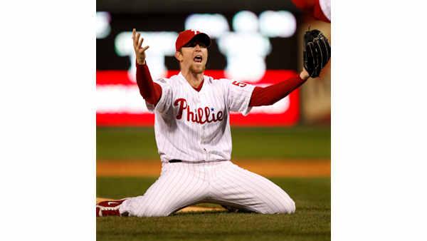 Philadelphia Phillies Brad Lidge reacts after their victory in Game 5 of the baseball World Series in Philadelphia, Wednesday, Oct. 29, 2008. The Phillies defeated the Tampa Bay Rays 4-3 to win the series. (AP Photo/Chris OMeara)
