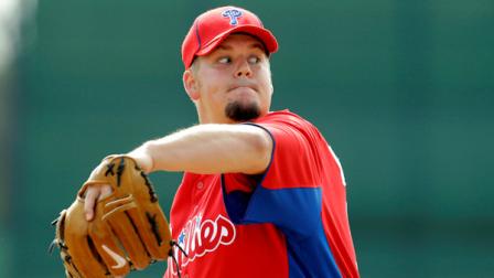 Philadelphia Phillies Joe Blanton during spring training baseball practice, Tuesday, Feb. 22, 2011 in Clearwater, Fla. (AP Photo/Eric Gay)