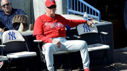 Philadelphia Phillies manager Charlie Manuel looks on during a baseball spring training game against the New York Yankees Saturday, Feb. 26, 2011, at Steinbrenner Field in Tampa, Fla. (AP Photo/Charlie Neibergall)