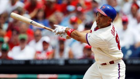Philadelphia Phillies Raul Ibanez follows through on an RBI-single in the second inning of a baseball game against the San Diego Padres, Sunday, July 24, 2011, in Philadelphia. (AP Photo/Matt Slocum)