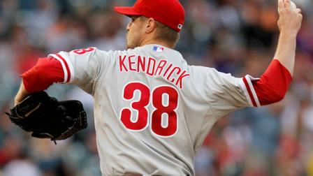 Philadelphia Phillies starting pitcher Kyle Kendrick throws to the Colorado Rockies during the first inning of a baseball game Tuesday, Aug. 2, 2011, in Denver. (AP Photo/Barry Gutierrez)