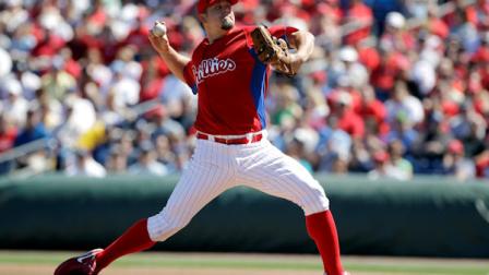 Philadelphia Phillies pitcher Joe Blanton throws in the first inning of a spring training baseball game against the New York Yankees, Monday, March 5, 2012, in Clearwater, Fla. (AP Photo/Matt Slocum)