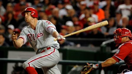 Philadelphia Phillies Hunter Pence blast a two-run home run in the ninth inning against the Washington Nationals during their baseball game at Nationals Park, Sunday, May 6, 2012, in Washington. Phillies defeated the Nationals 9-3. (AP Photo/Richard Lipski)