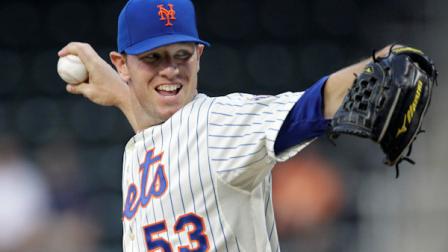 New York Mets starting pitcher Jeremy Hefner delivers in the first inning against the Philadelphia Phillies during their baseball game at Citi Field in New York, Tuesday, May 29, 2012. (AP Photo/Kathy Willens)