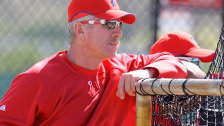Philadelphia Phillies coach Mike Schmidt watches batting practice before a spring training baseball game against the Tampa Bay Rays in Clearwater, Fla., Saturday, Feb. 28, 2009. (AP Photo/Gene J. Puskar)