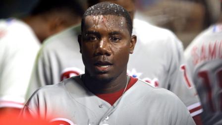 Philadelphia Phillies Ryan Howard prepares to bat in during the ninth inning of a baseball game against the Houston Astros after pouring water over his head Thursday, Sept. 13, 2012, in Houston. The Astros beat the Phillies 6-4. (AP Photo/David J. Phillip)