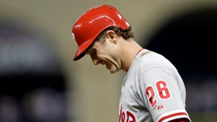 Philadelphia Phillies Chase Utley walks back to the dugout after grounding out to end the baseball game in the ninth inning against the Houston Astros, Saturday, Sept. 15, 2012, in Houston. The Astros defeated the Phillies 5-0. (AP Photo/David J. Phillip)