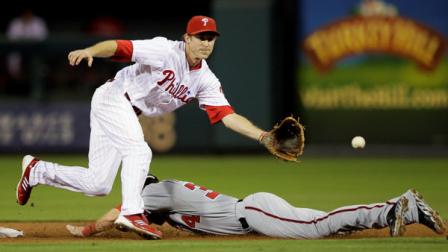 Philadelphia Phillies second baseman Chase Utley, top, reaches for the throw as Washington Nationals Bryce Harper steals second in the second inning of a baseball game, Wednesday, Sept. 26, 2012, in Philadelphia. (AP Photo/Matt Slocum)