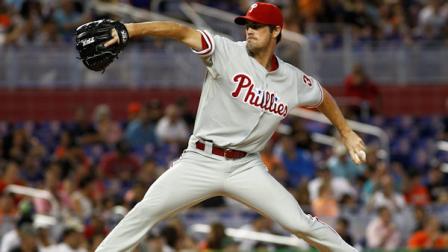 Philadelphia Phillies starter Cole Hamels pitches during the second inning of a baseball game in Miami, Sunday, Sept. 30, 2012. (AP Photo/J Pat Carter)