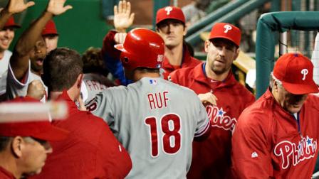 Philadelphia Phillies Darin Ruf (18) is congratulated by teammates after hitting a home run during the fourth inning of a baseball game against the Washington Nationals in Washington, Tuesday, Oct. 2, 2012. (AP Photo/Manuel Balce Ceneta)