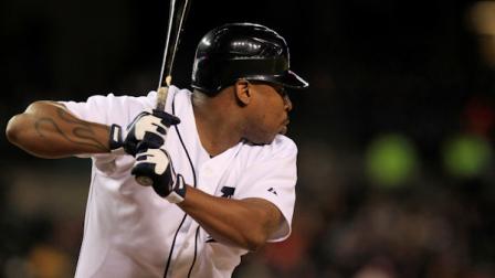 Detroit Tigers designated hitter Delmon Young bats during the sixth inning of the second baseball game of a doubleheader against the Minnesota Twins at Comerica Park in Detroit, Sunday, Sept. 23, 2012. (AP Photo/Carlos Osorio)