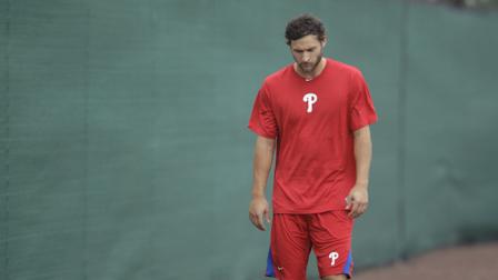 Philadelphia Philllies Michael Schwimer practices before the start of baseball spring training, Saturday, Feb. 18, 2012, in Clearwater, Fla. (AP Photo/Matt Slocum)