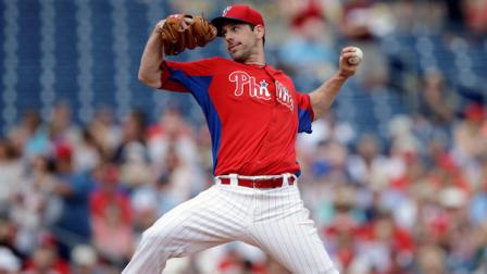 Philadelphia Phillies Cliff Lee pitches during the first inning of a spring training exhibition baseball game against the Detroit Tigers, Monday, Feb. 25, 2013, in Clearwater, Fla. (AP Photo/Matt Slocum)