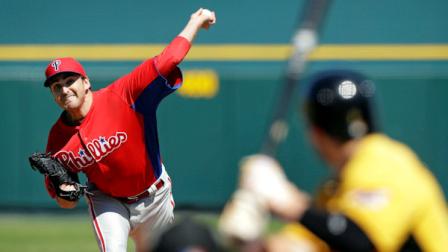 Philadelphia Phillies starting pitcher John Lannan throws during a baseball spring training exhibition game against the Pittsburgh Pirates, Monday, March 4, 2013, in Bradenton, Fla. (AP Photo/Charlie Neibergall)