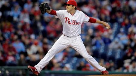 Philadelphia Phillies John Lannan pitches during the first inning of a baseball game against the Kansas City Royals, Saturday, April 6, 2013, in Philadelphia. (AP Photo/Matt Slocum)