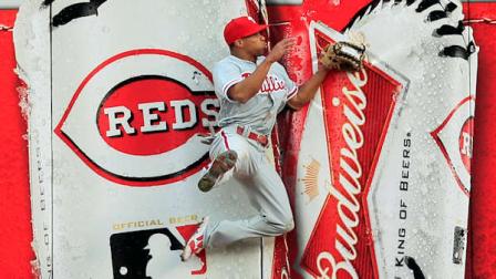 Philadelphia Phillies center fielder Ben Revere catches a fly ball hit by Cincinnati Reds Ryan Hanigan in the fifth inning of a baseball game, Monday, April 15, 2013, in Cincinnati. (AP Photo/Al Behrman)