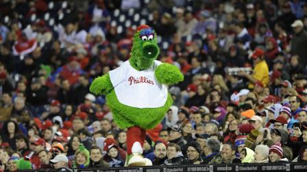 The Phillie Phanatic is shown during a baseball game against the Pittsburgh Pirates, Tuesday, April 23, 2013, in Philadelphia. (AP Photo/Michael Perez)