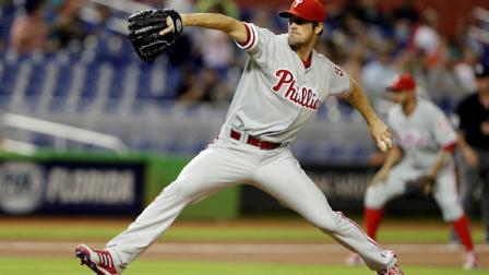 Philadelphia Phillies starting pitcher Cole Hamels throws in the first inning during a baseball game against the Miami Marlins in Miami, Monday, May 20, 2013. (AP Photo/Lynne Sladky)