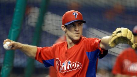 Philadelphia Phillies second baseman Chase Utley throws during batting practice before a baseball game against the Miami Marlins in Miami, Monday, May 20, 2013. (AP Photo/Lynne Sladky)