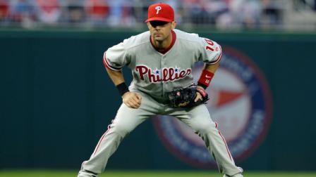 Philadelphia Phillies third baseman Michael Young (10) gets ready during a baseball game against the Washington Nationals at Nationals Park Friday, May 24, 2013, in Washington. (AP Photo/Alex Brandon)