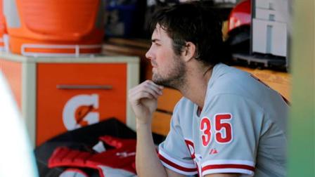 Philadelphia Phillies starting pitcher Cole Hamels pauses in the dugout between innings of a baseball game against the Washington Nationals at Nationals Park, Sunday, May 26, 2013, in Washington. (AP Photo/Alex Brandon)