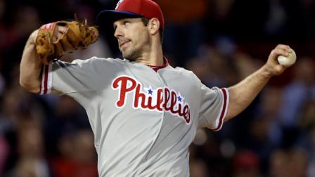 Philadelphia Phillies starting pitcher Cliff Lee fires one in against the Boston Red Sox during the seventh inning of an interleague baseball game at Fenway Park in Boston, Tuesday, May 28, 2013. (AP Photo/Elise Amendola)