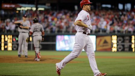 Philadelphia Phillies Erik Kratz in action during a baseball game against the Boston Red Sox, Wednesday, May 29, 2013, in Philadelphia. (AP Photo/Matt Slocum)