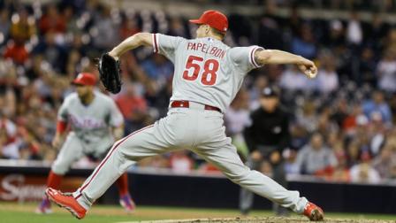 Philadelphia Phillies closerJonathan Papelbon works the ninth inning against the San Diego Padres in a baseball game in San Diego, Monday, June 24, 2013. Papelbon allowed to inherited runners to scores and one of his own on a wild pitch which allowed the Padres to tie the game with three runs. The Padres won in the tenth inning 4-3.
