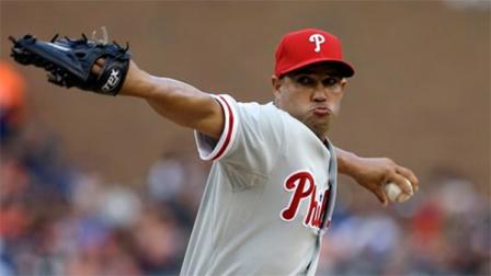 Philadelphia Phillies pitcher Raul Valdes throws during the first inning of a baseball game against the Detroit Tigers in Detroit, Saturday, July 27, 2013. (AP Photo/Carlos Osorio)