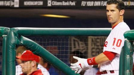 Philadelphia Phillies Michael Young waits to bat during a baseball game with the San Francisco Giants, Wednesday, July 31, 2013, in Philadelphia. (AP Photo/Tom Mihalek)