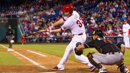 Philadelphia Phillies Cliff Lee (33) hits a single against the Miami Marlins during the seventh inning of a baseball game, Monday, Sept. 16, 2013, in Philadelphia. The Phillies win 12-2. (AP Photo/Chris Szagola)