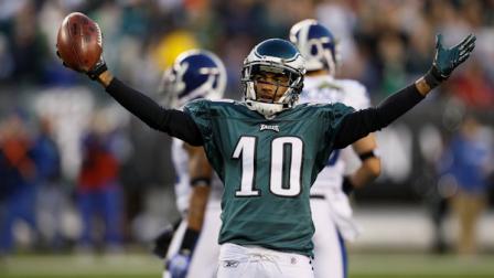 Philadelphia Eagles wide receiver DeSean Jackson reacts after catching a pass in the first half of an NFL football game against the Indianapolis Colts, Sunday, Nov. 7, 2010 in Philadelphia. (AP Photo/Matt Slocum)