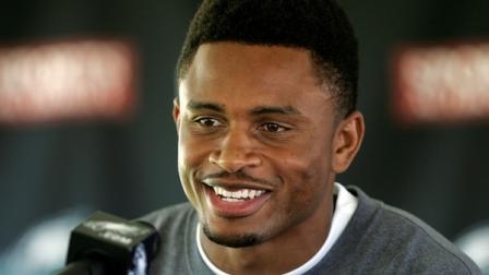 Philadelphia Eagles Nnamdi Asomugha talks with the media after the morning session of NFL football training camp at Lehigh University in Bethlehem, Pa., on Sunday, July 31, 2011. (AP Photo/Rich Schultz)