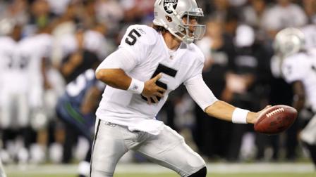 Oakland Raiders quarterback Trent Edwards Seattle Seahawks in the first half of a preseason NFL football game, Friday, Sept. 2, 2011, in Seattle. (AP Photo/Elaine Thompson)
