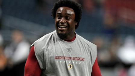 Washington Redskins safety Oshiomogho Atogwe is seen before the start of an NFL football game between the St. Louis Rams and the Washington Redskins Sunday, Oct. 2, 2011, in St. Louis. (AP Photo/Jeff Roberson)