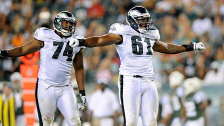 Philadelphia Eagles defensive ends Frank Trotter, left, and Monte Taylor react in the second half of a preseason NFL football game against the New York Jets, Thursday, Aug. 30, 2012, in Philadelphia. (AP Photo/Michael Perez)