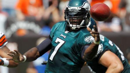 Philadelphia Eagles quarterback Michael Vick side arms a pass in the second quarter of an NFL football game against the Cleveland Browns Sunday, Sept. 9, 2012, in Cleveland. (AP Photo/Ron Schwane)