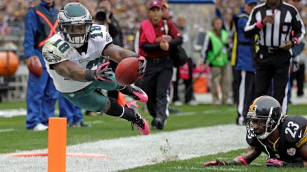 Philadelphia Eagles wide receiver Jeremy Maclin (18) dives for the end zone past Pittsburgh Steelers cornerback Keenan Lewis (23) after making a catch in the first quarter of an NFL football game in Pittsburgh, Sunday, Oct. 7, 2012. The Eagles did not score on the play. (AP Photo/Gene J. Puskar)