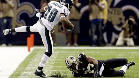 Philadelphia Eagles wide receiver DeSean Jackson (10) is knocked out of bounds by New Orleans Saints cornerback Jabari Greer (33) during the first half of an NFL football game at Mercedes-Benz Superdome in New Orleans, Monday, Nov. 5, 2012. (AP Photo/Bill Haber)