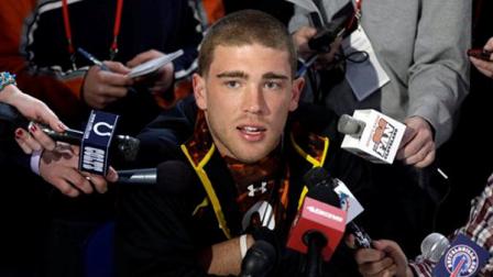Stanford tight end Zach Ertz answers a question during a news conference at the NFL football scouting combine in Indianapolis, Thursday, Feb. 21, 2013. (AP Photo/Michael Conroy)