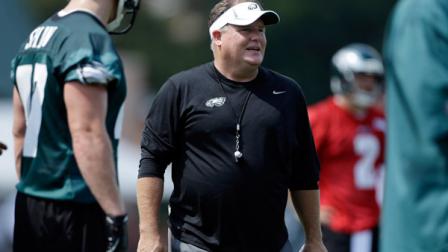 Philadelphia Eagles head coach Chip Kelly directs his players during NFL football training camp in Philadelphia, Tuesday, July 23, 2013. (AP Photo/Matt Rourke)