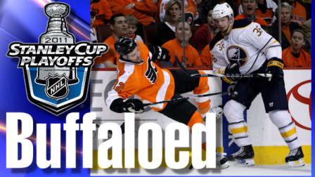Philadelphia Flyers Ville Leino, left, of Finland, is knocked down by Buffalo Sabres Patrick Kaleta in the first period of Game 1 of a first-round NHL hockey playoff series, Thursday, April 14, 2011, in Philadelphia. (AP Photo/Matt Slocum)