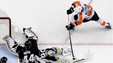Philadelphia Flyers Jakub Voracek (93) has a third-period shot blocked by Pittsburgh Penguins goalie Marc-Andre Fleury (29) during Game 2 of an opening-round NHL hockey playoff series in Pittsburgh Friday, April 13, 2012. The Flyers won 8-5. (AP Photo/Gene J. Puskar)