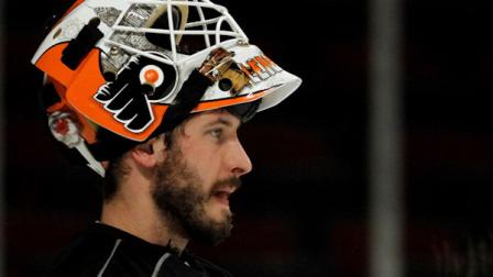 Philadelphia Flyers goalie Michael Leighton takes a break during hockey practice for the NHL Stanley Cup Finals, Friday, May 28, 2010, in Chicago. (AP Photo/Nam Huh)