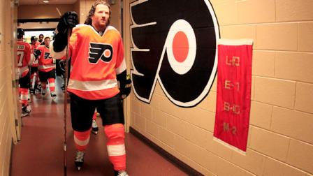 Philadelphia Flyers Scott Hartnell heads out to the ice for the skate-around before Game 3 in a first-round NHL Stanley Cup playoffs hockey series with the Pittsburgh Penguins, Sunday, April 15, 2012, in Philadelphia. (AP Photo/Tom Mihalek)