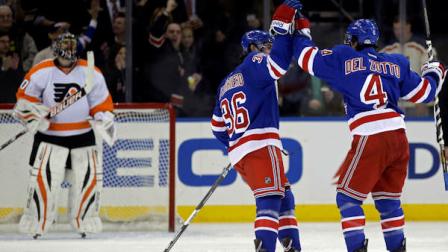 New York Rangers center Benn Ferriero (36) and defenseman Michael Del Zotto (4) celebrate Del Zottos goal in the first period of their NHL hockey game against the Philadelphia Flyers at Madison Square Garden in New York, Tuesday, Jan. 29, 2013. Flyers goalie Ilya Bryzgalov (30) watches at left. (AP Photo/Kathy Willens)