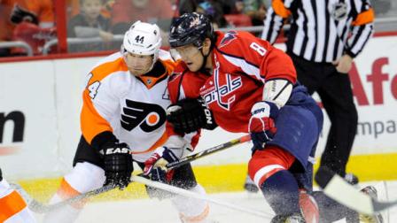 Washington Capitals left wing Alex Ovechkin (8), of Russia, battles for the puck against Philadelphia Flyers defenseman Kimmo Timonen (44), of Finland, during the second period of an NHL hockey game on Friday, Feb. 1, 2013, in Washington. (AP Photo/Nick Wass)
