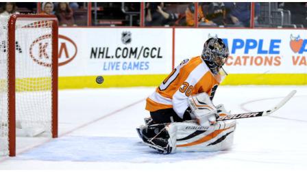 Philadelphia Flyers Ilya Bryzgalov, of Russia, cannot stop a goal by Florida Panthers Jack Skille during the first period of an NHL hockey game, Thursday, Feb. 7, 2013, in Philadelphia. (AP Photo/Matt Slocum)